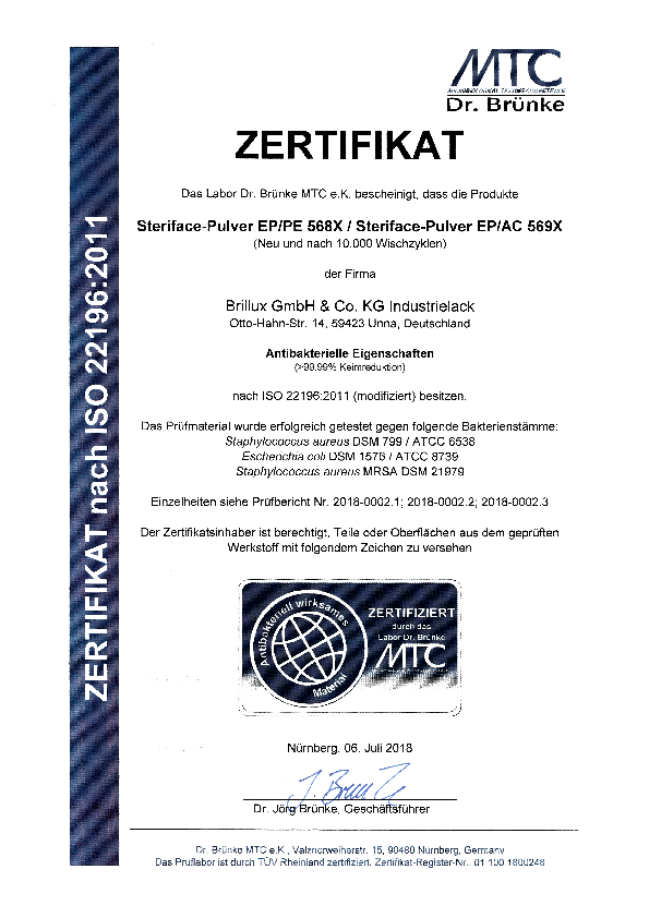 Zertifikat antibakterielle Eigenschaften